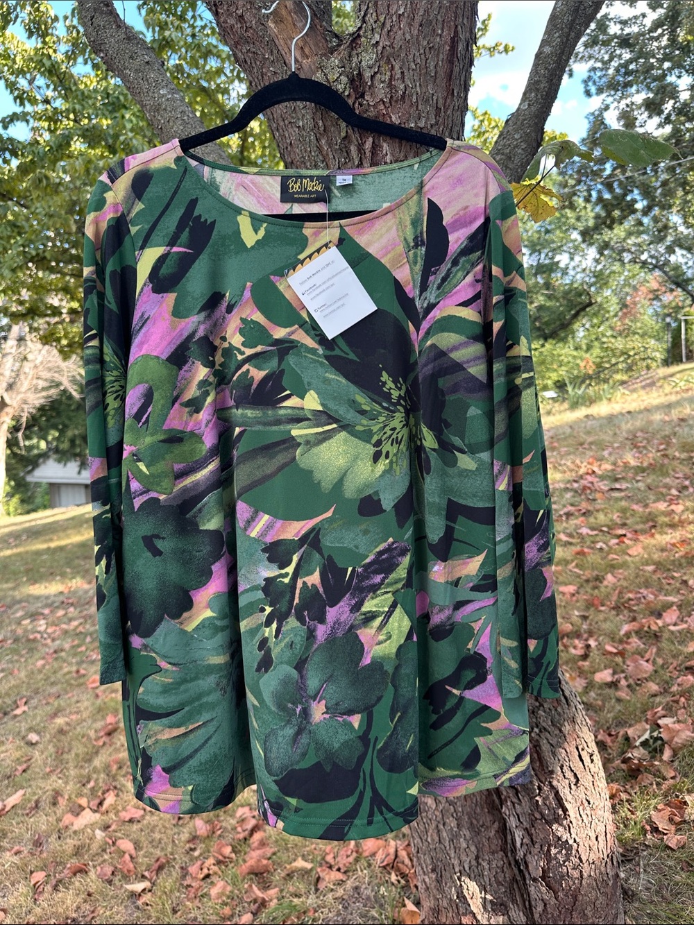 Bob Mackie Dark Green & Pink Floral Long-Sleeve Tee 1x